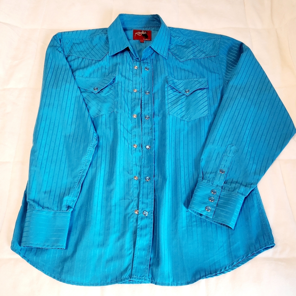 Rodeo Clothing Co Mens XL Button Front Shirt Aqua Pearl Snap Western Cowboy